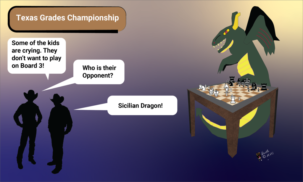 Cartoon series Hector, the chess-playing dog. At the Texas Grades Championship. Cowboy Two says, "Some of the kids are crying. They don't want to play on Board 3!" Cowboy One asks "Who is their opponent?" The answer is "Sicilian Dragon!" Shift to far riright of the frame where a huge dragon towers over Board 3.